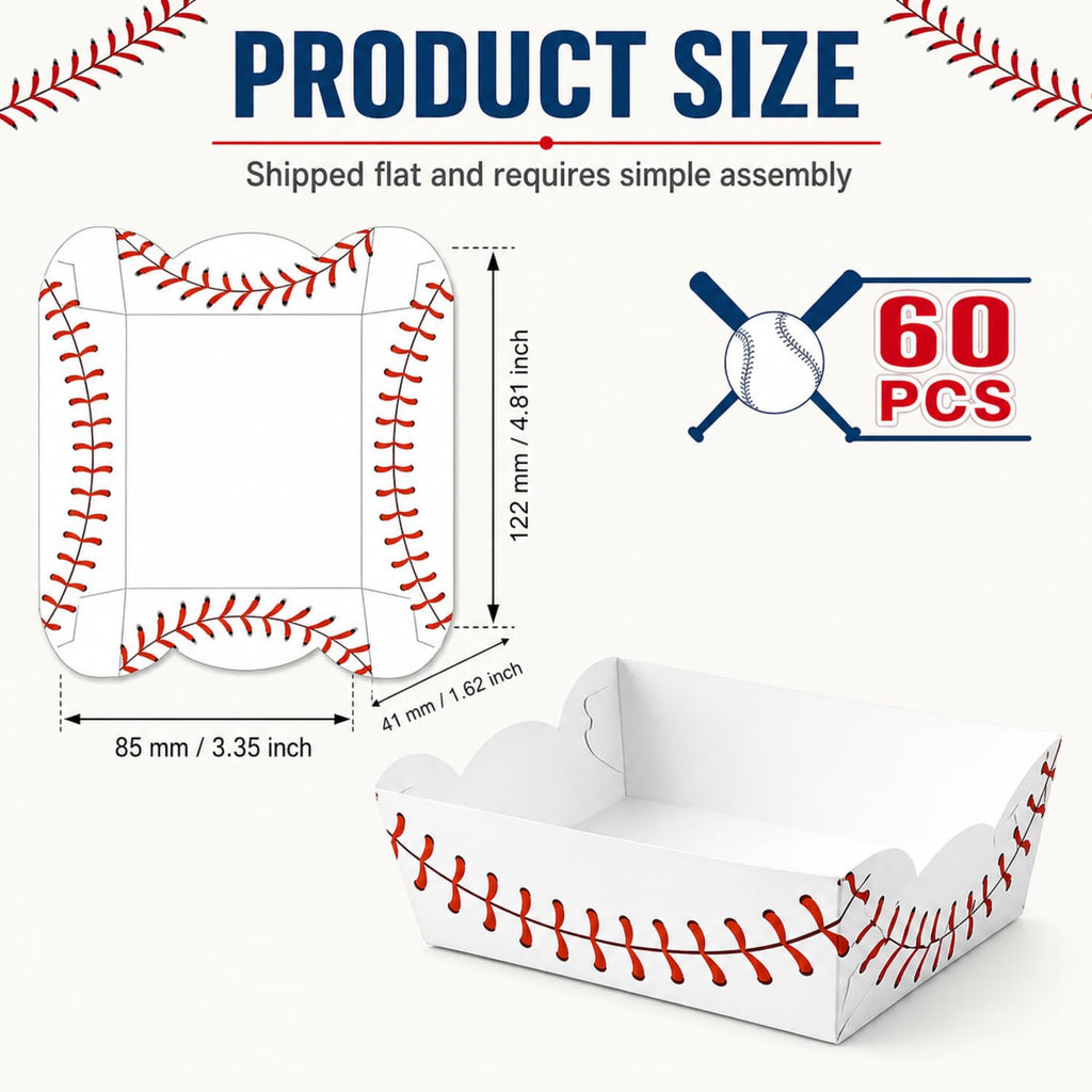 60 Pack Baseball Party Supplies Set Baseball Birthday Decorations Disposable Paper Food Serving Tray Boats Tray for Concession Food, Condiment, Carnivals