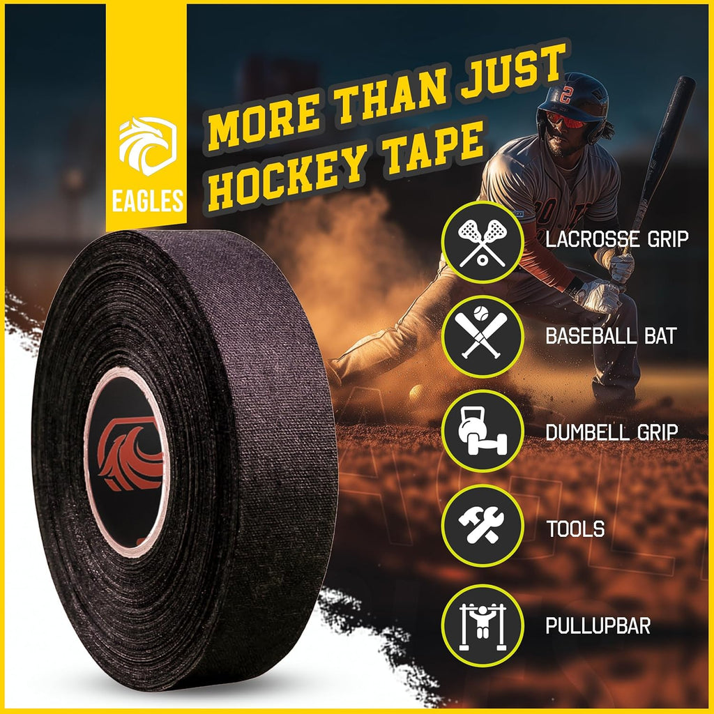 Hockey Tape Black 1Inch Grip Tape 2 Roll Athletic Sports Tape Water-Resistan Multipurpose Cloth Tape for Lacrosse Baseball & Softball Bats, Pullup Bars, Sports Gift Wrist Ankle Foot Gymnastics Bar