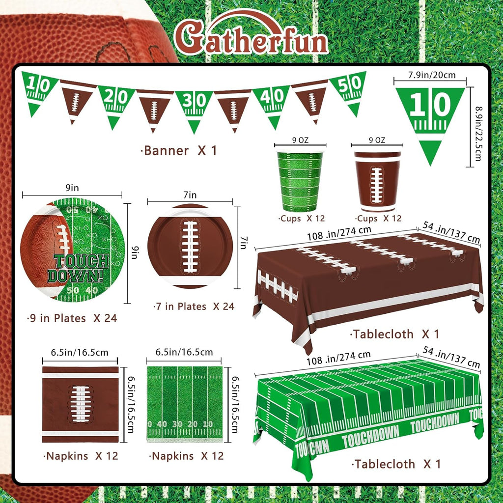 Football Party Supplies Kit Serve 24,Includes Dinner Plates, Dessert Napkins, Cups,Banner and Touchdown Tablecloth for Birthday Gameday Tailgate Decorations, Green (2023053002)