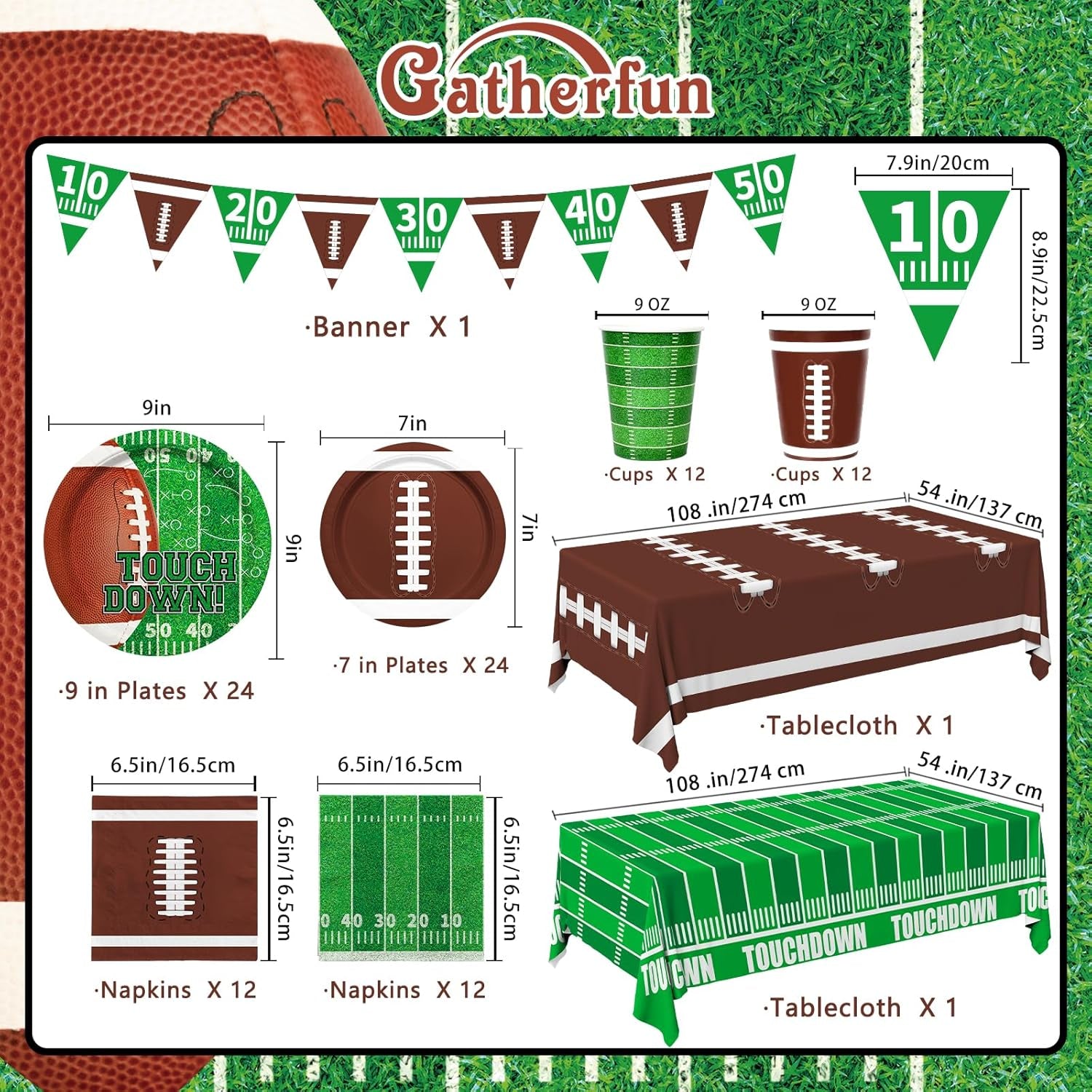 Football Party Supplies Kit Serve 24,Includes Dinner Plates, Dessert Napkins, Cups,Banner and Touchdown Tablecloth for Birthday Gameday Tailgate Decorations, Green (2023053002)
