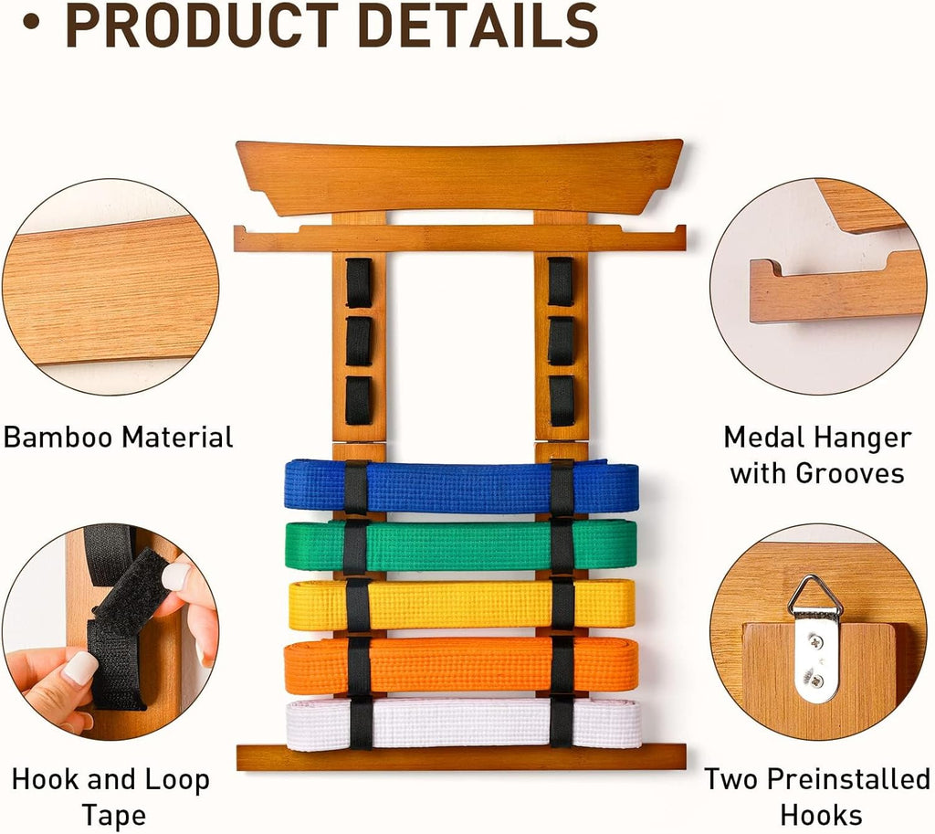 8 Belt Karate Belt Display Rack with Medal Hanger and Stickers, Taekwondo Belt Display Holder, Martial Arts Belt Display Organizer for Adults, No Assembly Required (Bamboo/Acrylic)