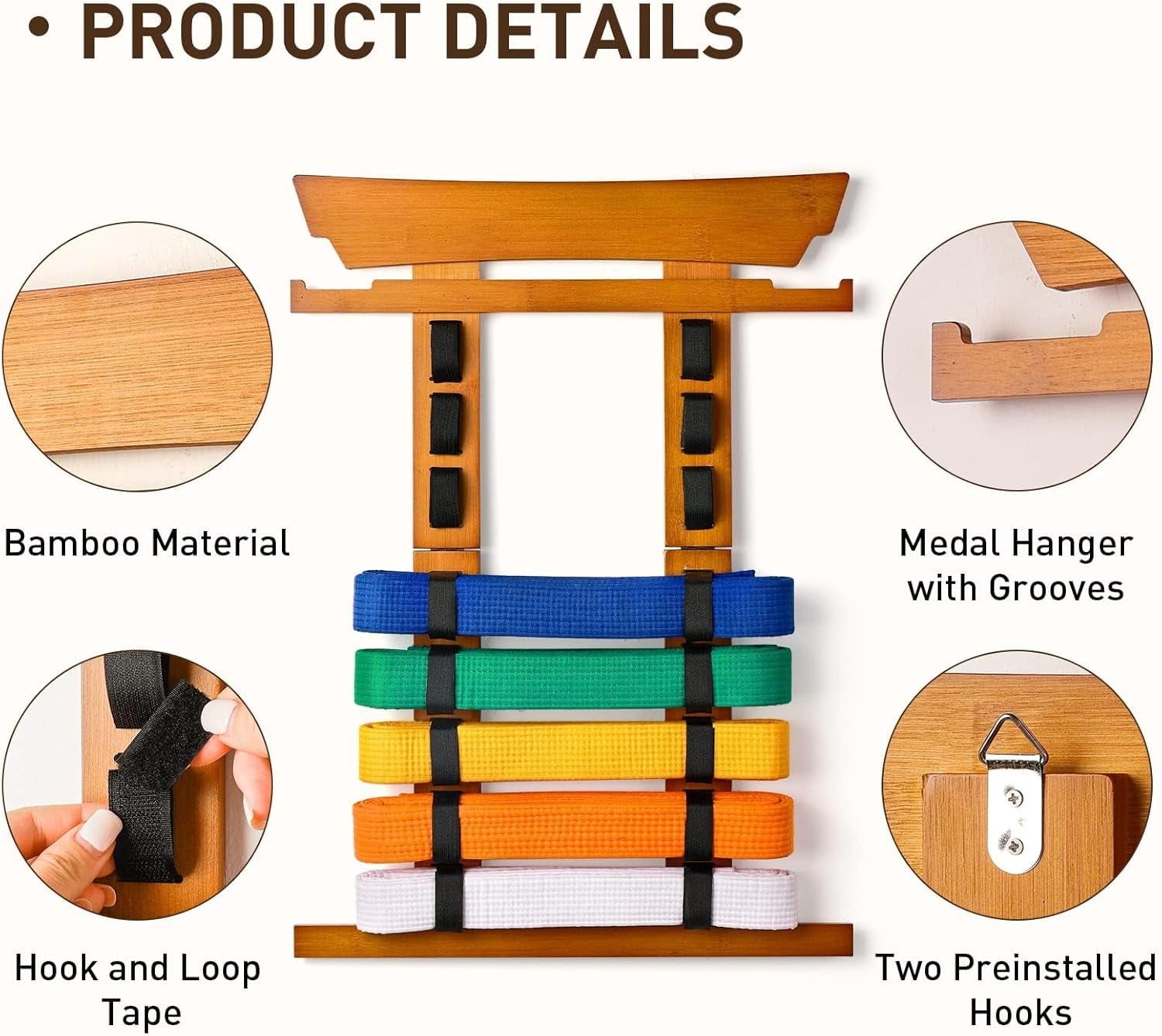 8 Belt Karate Belt Display Rack with Medal Hanger and Stickers, Taekwondo Belt Display Holder, Martial Arts Belt Display Organizer for Adults, No Assembly Required (Bamboo/Acrylic)