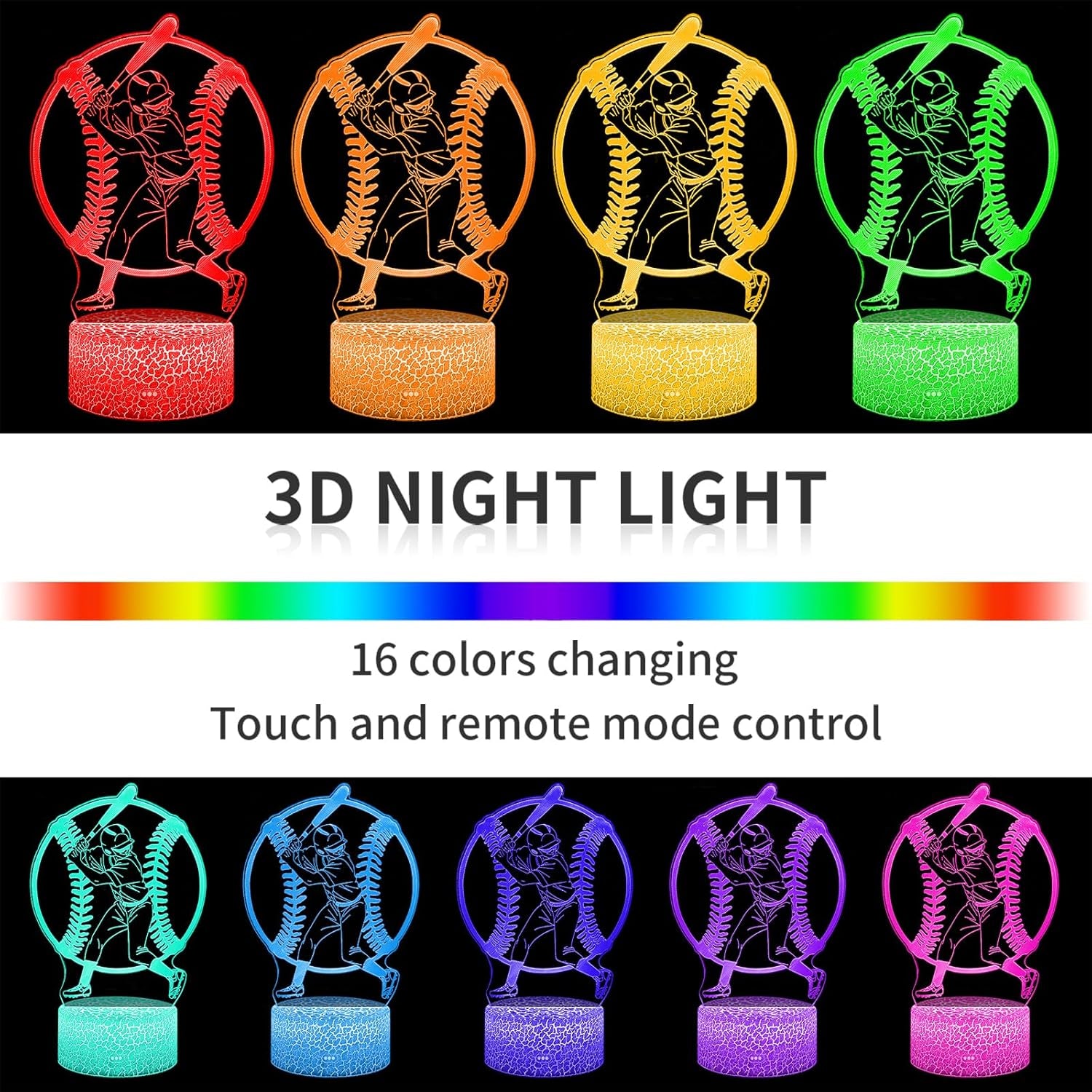 Baseball Gift 3D Night Light for Kids - 16 Colors & Flashing Modes with Remote Control Opreated Dimmable - Baseball Player Decor - Christmas Birthday Gifts for Boys Girls Sport Fans