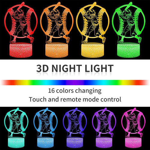 Baseball Gift 3D Night Light for Kids - 16 Colors & Flashing Modes with Remote Control Opreated Dimmable - Baseball Player Decor - Christmas Birthday Gifts for Boys Girls Sport Fans