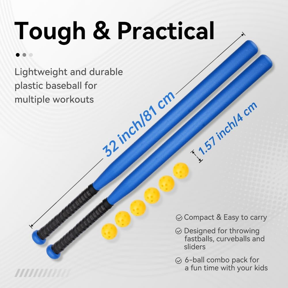 13 Pcs Baseball Bat Set Include 2 Plastic Baseball Bat 32 Inch & 6 Plastic Balls, 5 Throw Downs Base Indoor Outdoor for Baseball Softball Batting Practice Kids Youth Adult