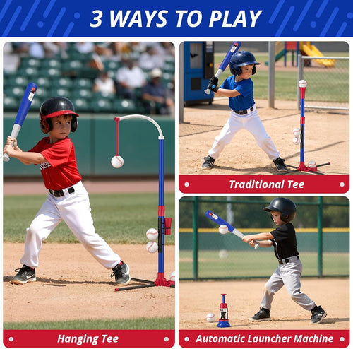 3-In-1 Baseball Set for Kids 3-5 - Tee Ball Stand, Hanging Tee, Ball Launcher and 6 Softballs - Adjustable Height, Indoor/Outdoor Sport Gifts for Boys Girls, Blue