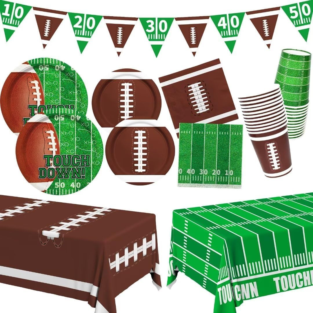 Football Party Supplies Kit Serve 24,Includes Dinner Plates, Dessert Napkins, Cups,Banner and Touchdown Tablecloth for Birthday Gameday Tailgate Decorations, Green (2023053002)