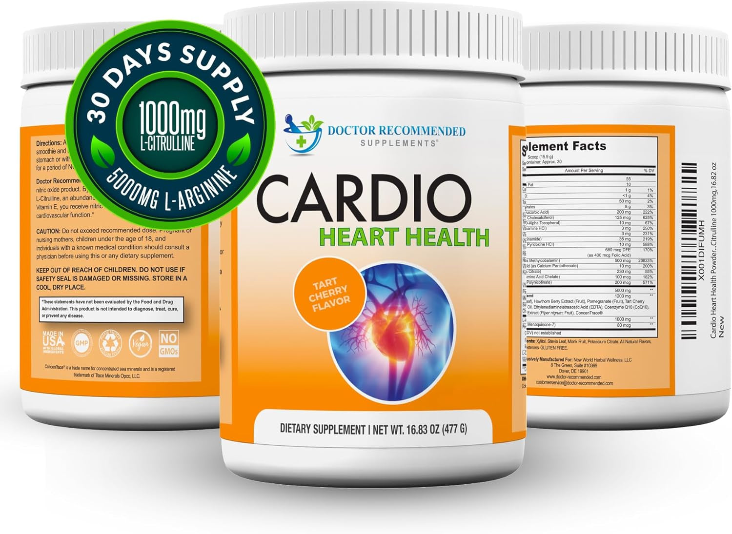 Cardio Heart Health Powder – L-Arginine Supplement 5000Mg & L-Citrulline 1000Mg, Tart Cherry Flavor (Pack of 2-16.82 Oz / 33.64 Oz)