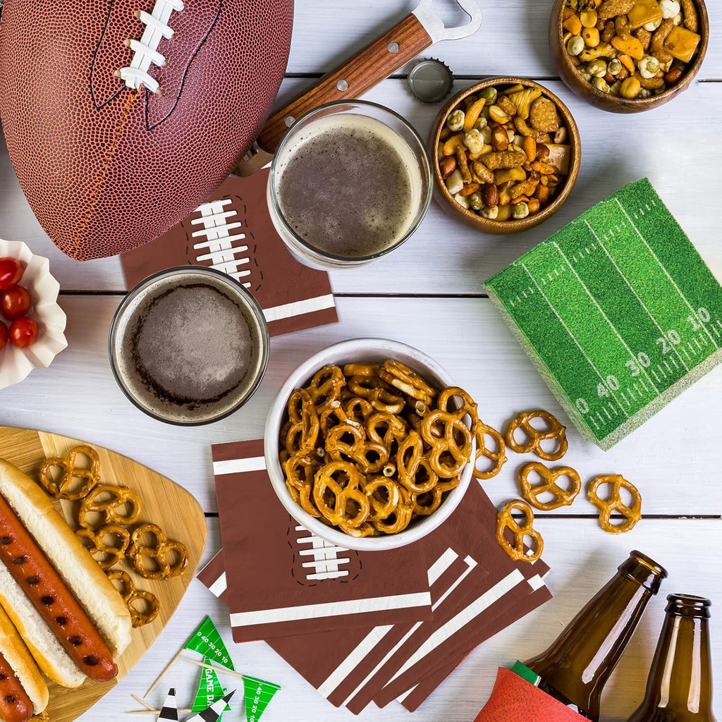 80 Pcs Football Birthday Party Supplies Disposable Paper Cocktail Napkins for Tailgate Party Decorations, Assorted 40 Pack Football Field Design and 40 Pack of Football Pattern, Total 80 Pack