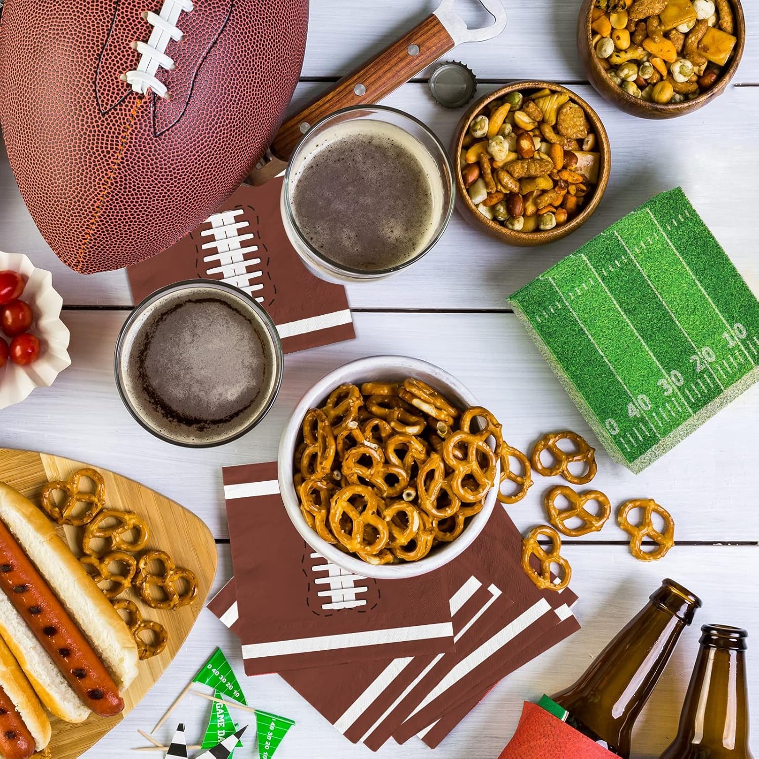 80 Pcs Football Birthday Party Supplies Disposable Paper Cocktail Napkins for Tailgate Party Decorations, Assorted 40 Pack Football Field Design and 40 Pack of Football Pattern, Total 80 Pack