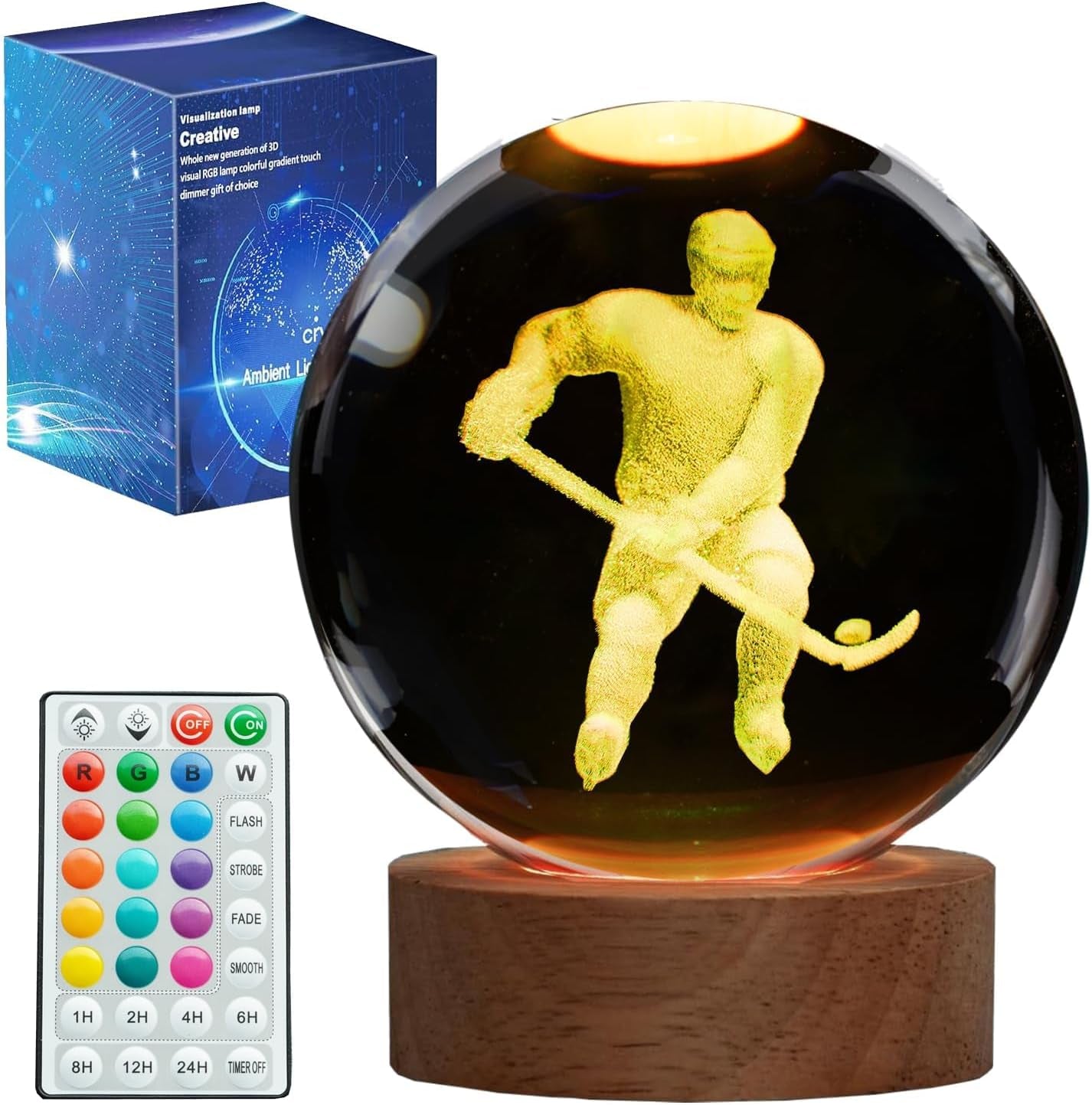 Hockey Night Light, Ice Hockey Gifts, Hockey 3D Crystal Ball Night Light with Remote Upgraded 3.15 Inch Lamps with 16 Color for Birthday Xmas Cool Figurines Gifts for Room Decor Boys Girls