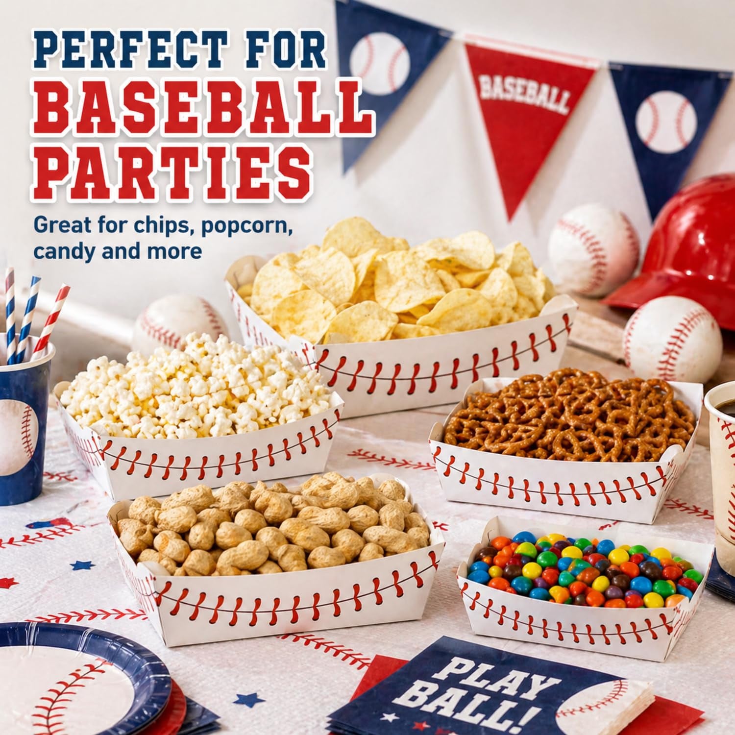 60 Pack Baseball Party Supplies Set Baseball Birthday Decorations Disposable Paper Food Serving Tray Boats Tray for Concession Food, Condiment, Carnivals