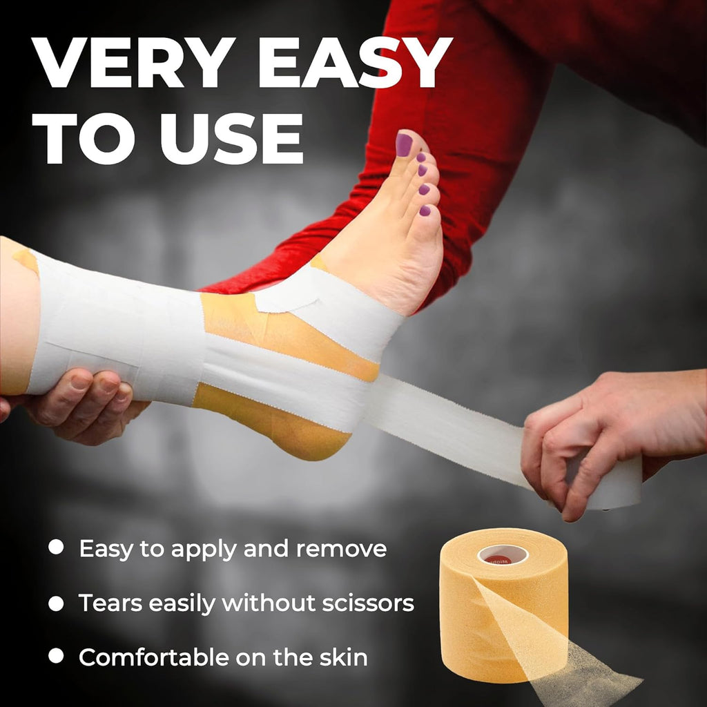 Premium White Athletic Tape for Injuries - 3 Pack with Pre-Wrap - Easy Tear & No Sticky Residue - Sports Zinc Oxide Tape - Ankle, Wrist, Fingers - Ideal for Soccer, Gymnastics, Boxing
