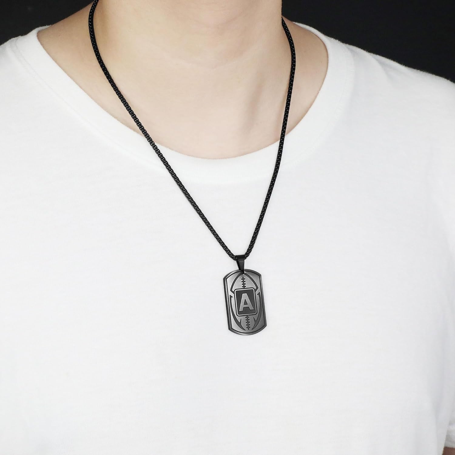 Initial A-Z Dog Tag Necklace for Men - Football Charm Pendant, Stainless Steel Chain 22+2 Inches, Personalized Sports Athletes Jewelry Gift