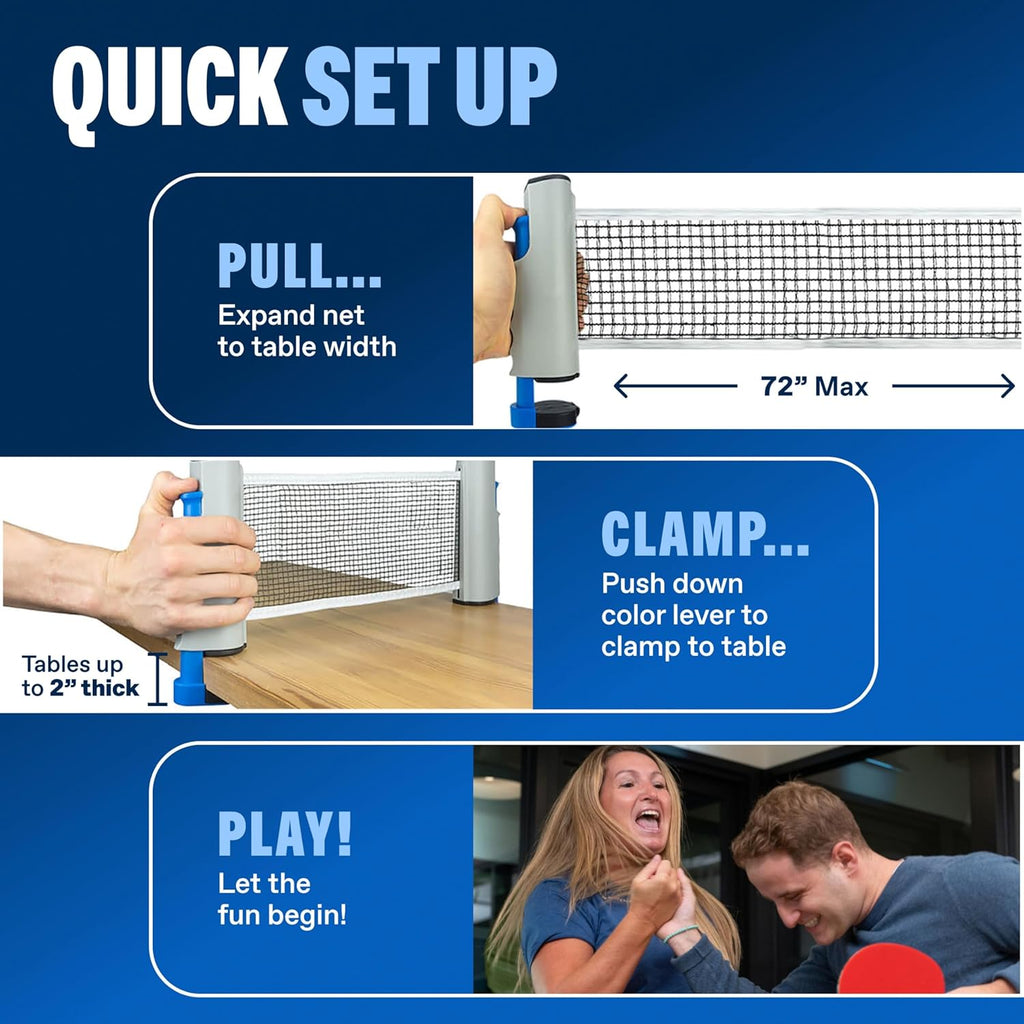 Portable Ping Pong Set with Retractable Ping Pong Net for Any Table, All-In-One Table Tennis Set with Ping Pong Paddles, Balls & Case, Table Top Family Game
