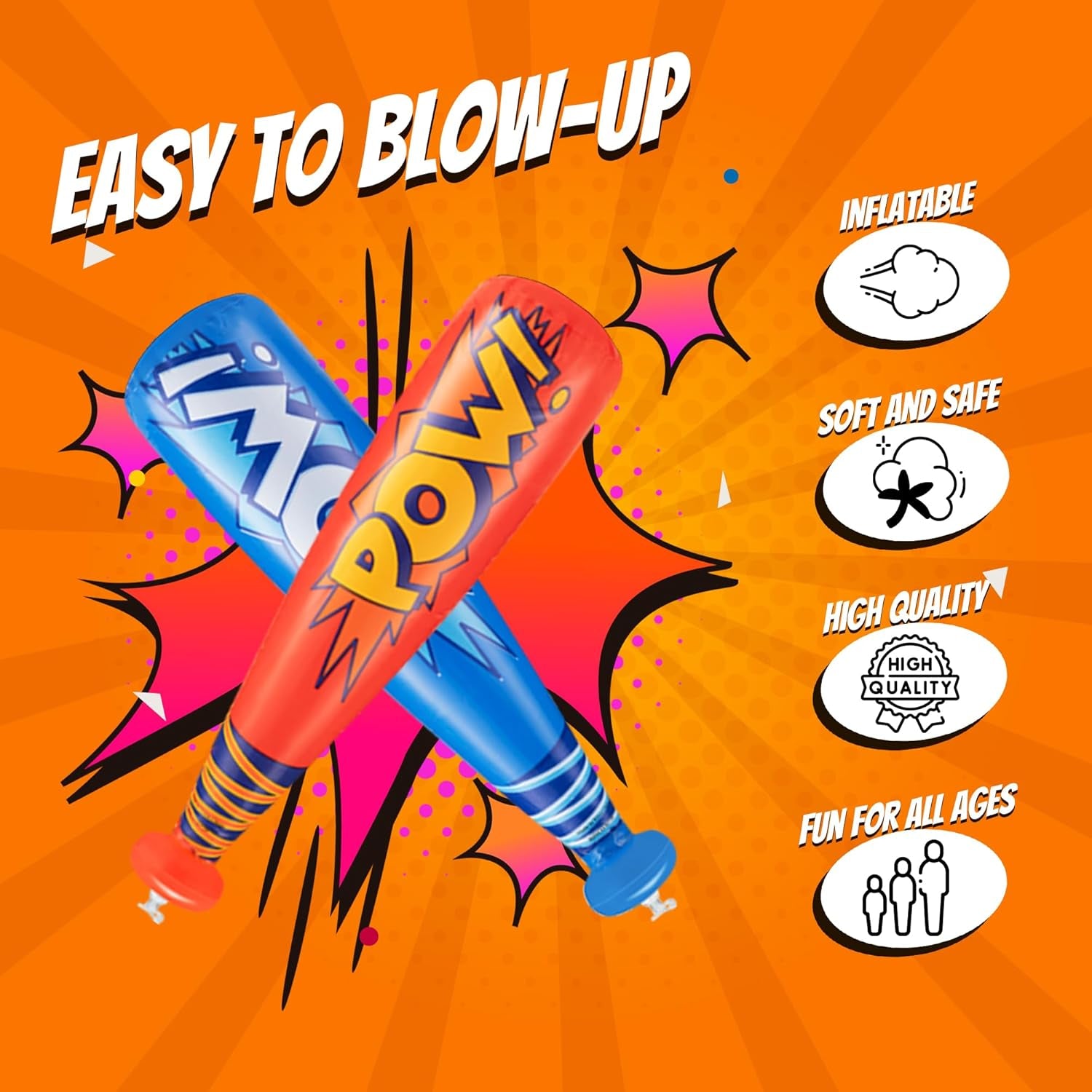 Pow Inflatable Baseball Bat - (Pack of 12) 20 Inch Inflatable Toy Bat, Carnival Prizes, Baseball Party Favors Goodie Bag Stuffers, Decorations Party Prizes for Kids