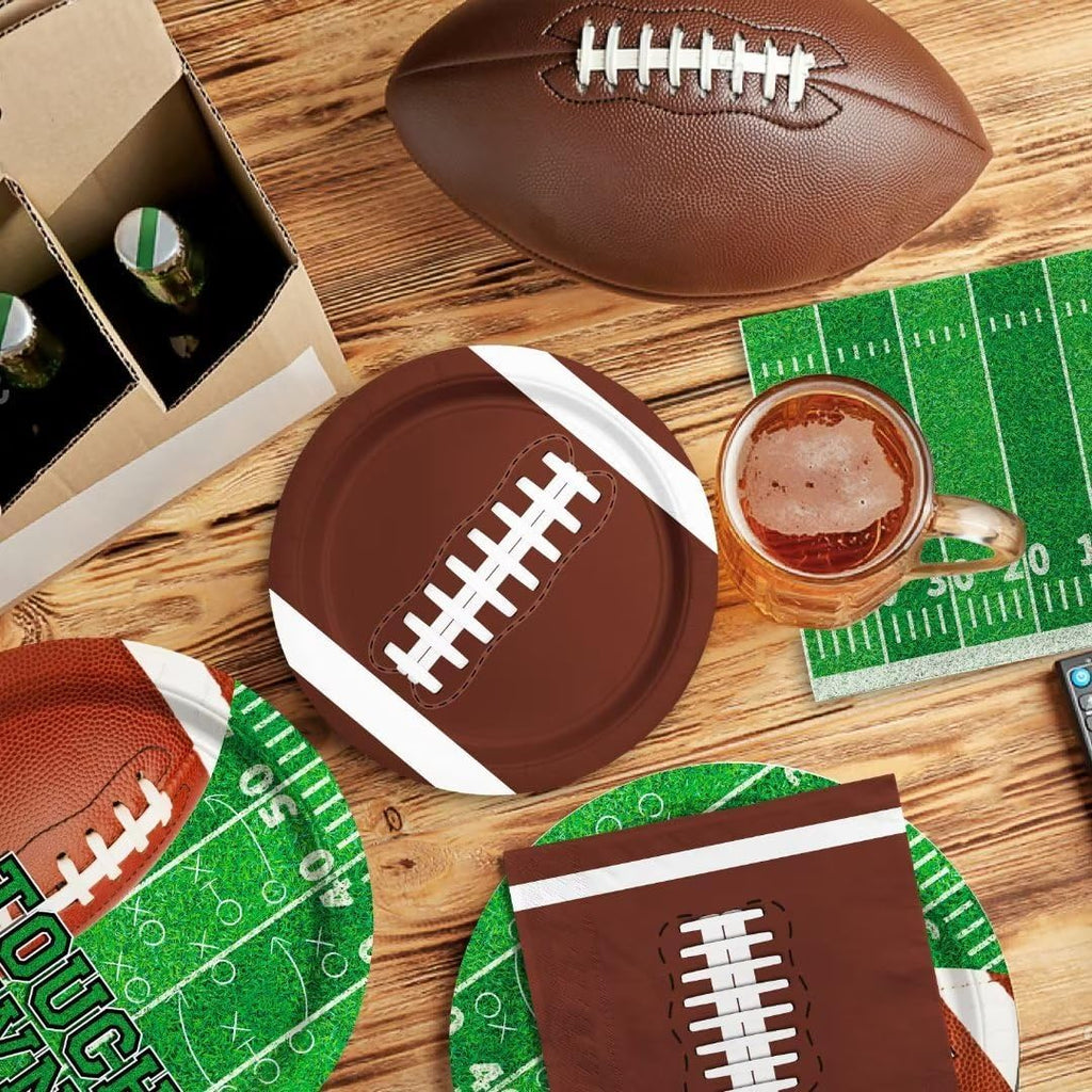 Football Party Supplies Kit Serve 24,Includes Dinner Plates, Dessert Napkins, Cups,Banner and Touchdown Tablecloth for Birthday Gameday Tailgate Decorations, Green (2023053002)