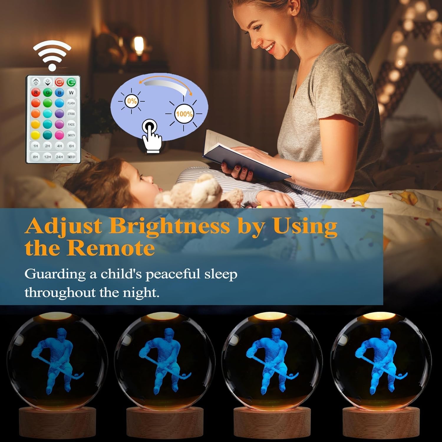 Hockey Night Light, Ice Hockey Gifts, Hockey 3D Crystal Ball Night Light with Remote Upgraded 3.15 Inch Lamps with 16 Color for Birthday Xmas Cool Figurines Gifts for Room Decor Boys Girls