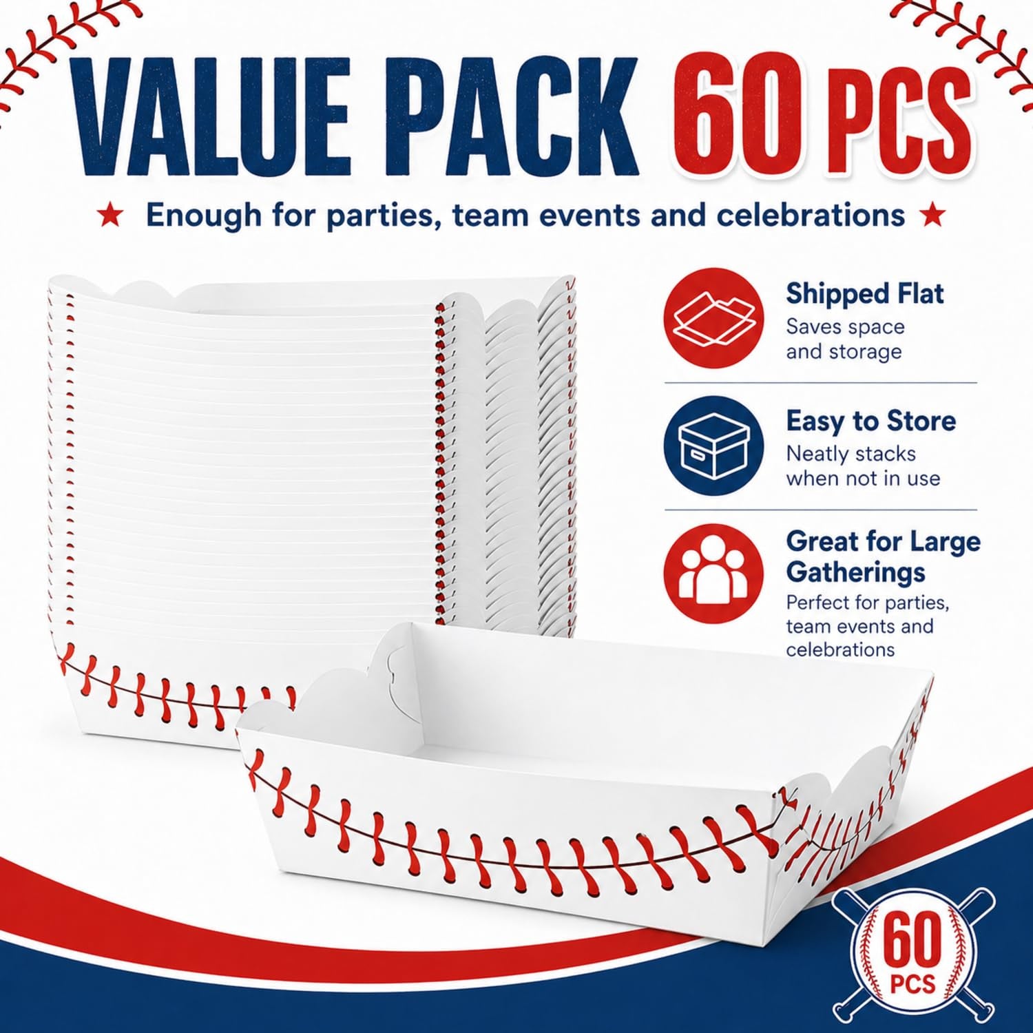 60 Pack Baseball Party Supplies Set Baseball Birthday Decorations Disposable Paper Food Serving Tray Boats Tray for Concession Food, Condiment, Carnivals