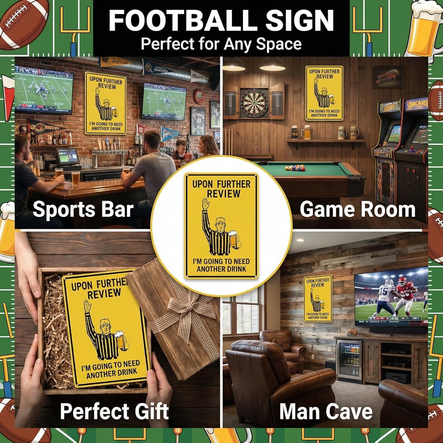 Football Gifts Vintage Football Sign upon Further Review I'M Going to Need Another Drink Tin Sign for Home Man Cave Garage Bar Basement Decor 8X12 Inch (3182)