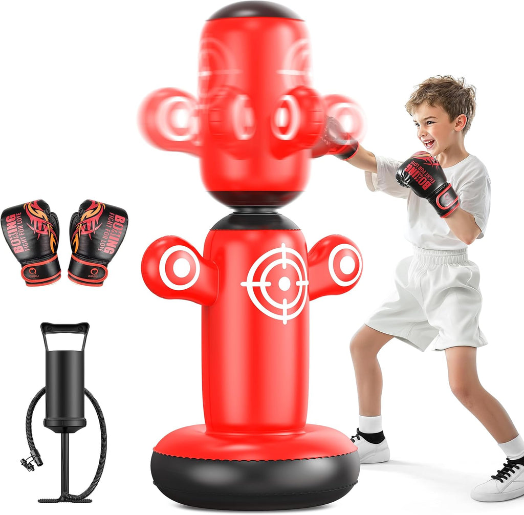 360° Rotatable Punching Bag for Kids, Lager 64” Kids Punching Bag with Gloves, Hand Pump & 6 Targets, Bop Bag Inflatable Punching Toy, Karate Gifts for Boys, Girls
