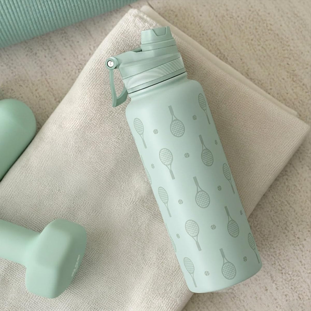 Tennis Stainless Steel Water Bottle with Strap 32Oz, Insulated Bottles with Straw and Spout Lid for Gym Sports Travel Outdoor, Gifts for Women Girls Birthday Christmas