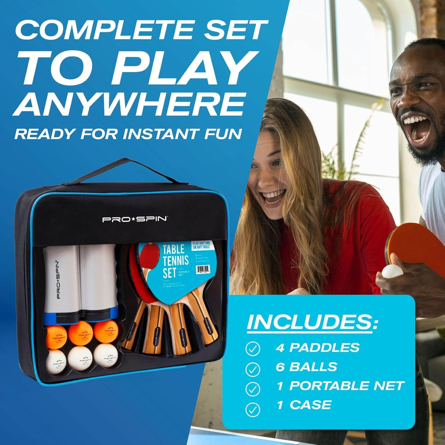 Portable Ping Pong Set with Retractable Ping Pong Net for Any Table, All-In-One Table Tennis Set with Ping Pong Paddles, Balls & Case, Table Top Family Game