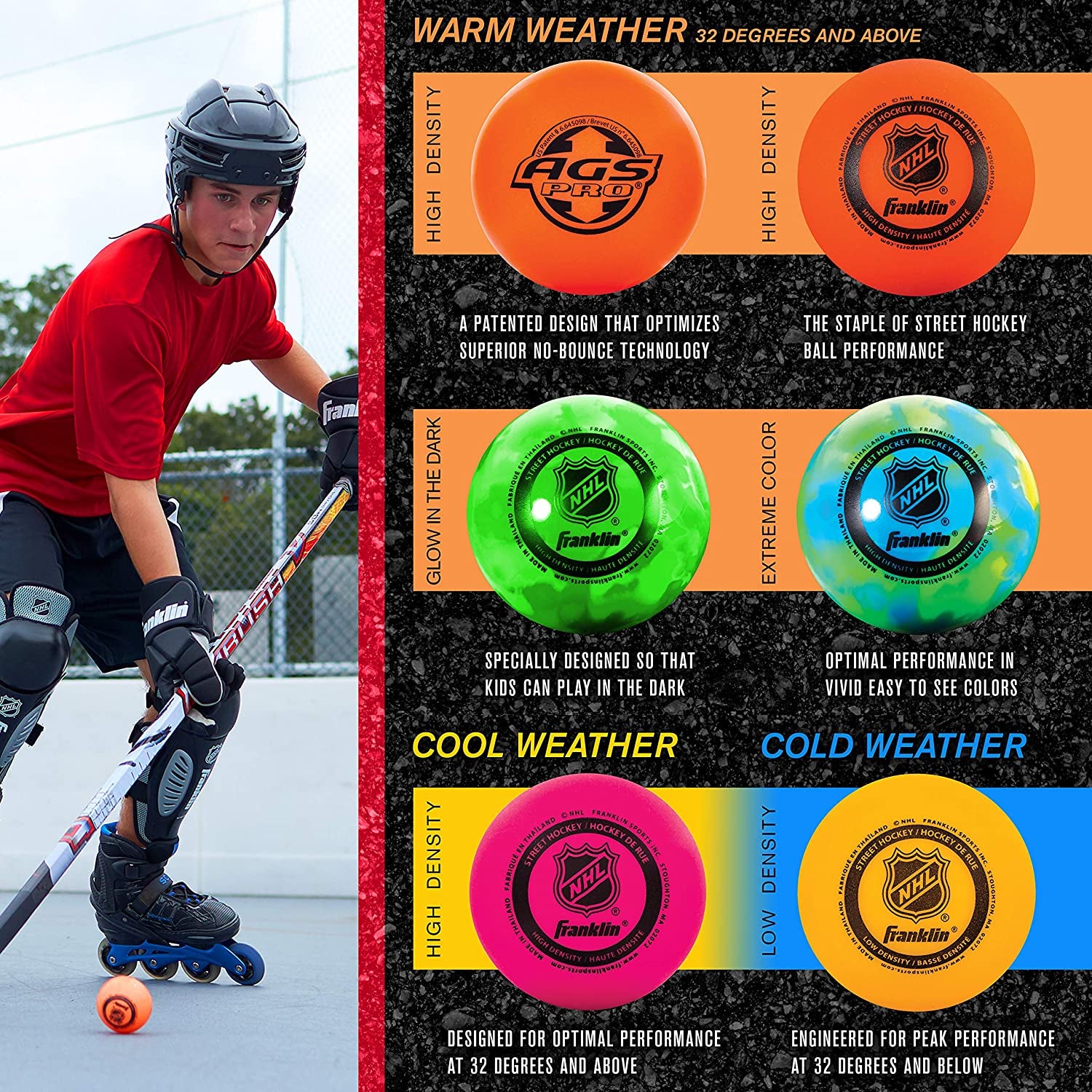 Franklin Sports NHL Street Hockey Balls - No Bounce Outdoor Street + Roller Hockey Balls - Official Size for Youth + Adult Street Hockey - Assorted Colors - 1, 2, 3, and 15 Bulk Packs