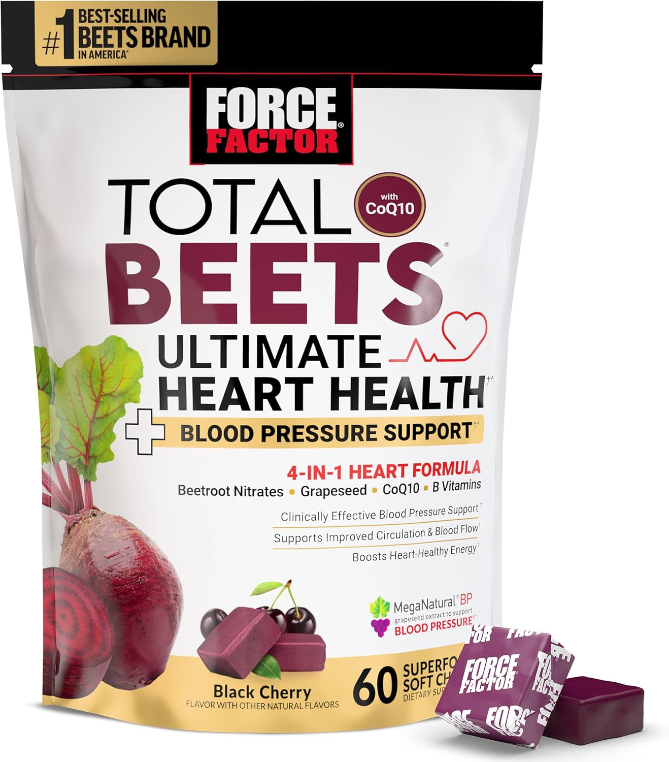 Total Beets Ultimate Heart Health Chews for Blood Pressure Support, with Beetroot Powder, Coq10, B Vitamins & Grapeseed Extract for Blood Flow & Energy, Black Cherry, 60 Soft Chews
