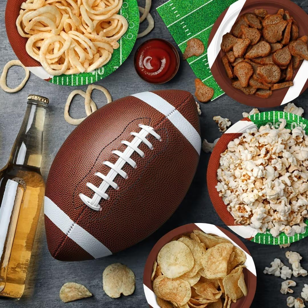 Football Party Supplies Kit Serve 24,Includes Dinner Plates, Dessert Napkins, Cups,Banner and Touchdown Tablecloth for Birthday Gameday Tailgate Decorations, Green (2023053002)