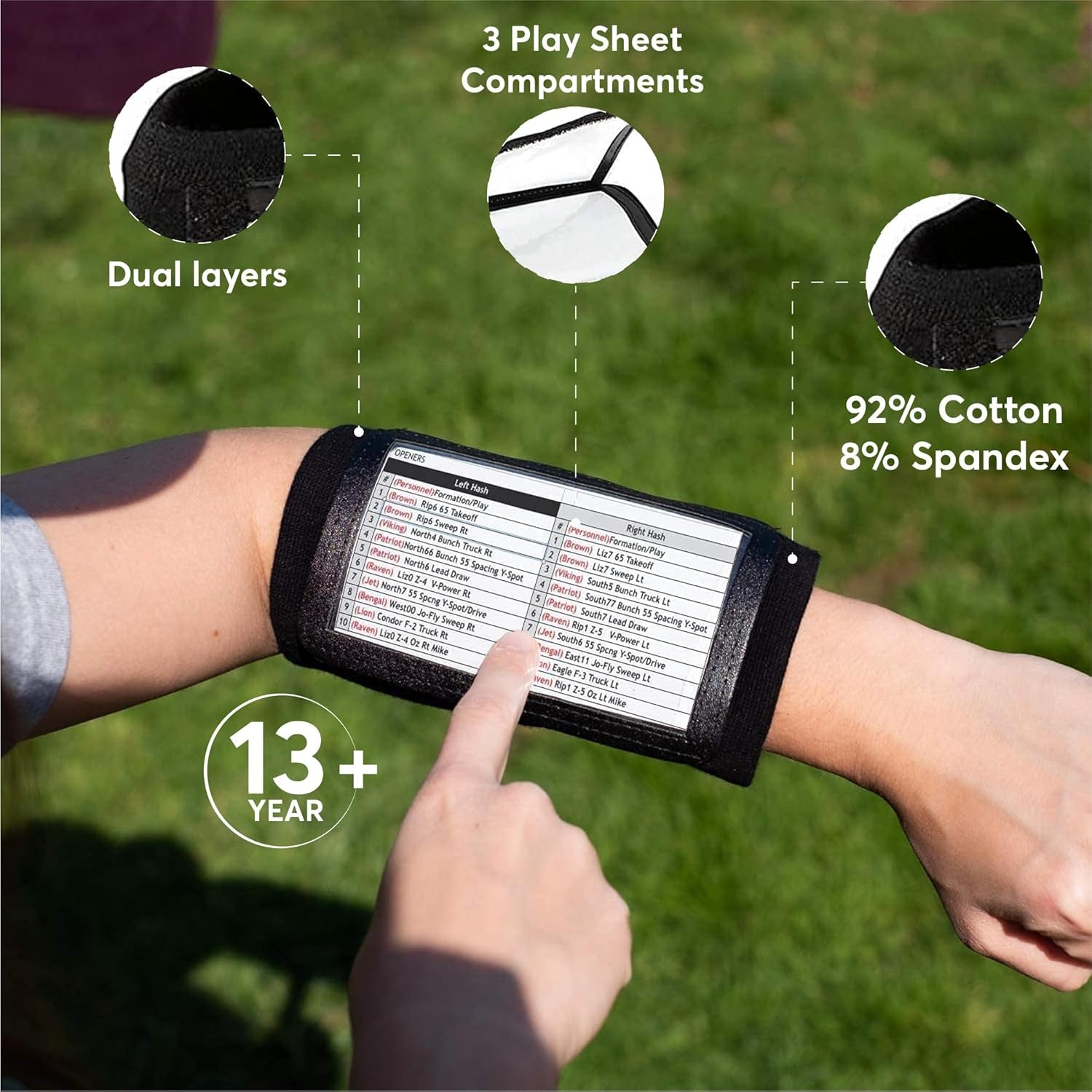 QB Playbook Wristband - Football Quarterback Play Wristbands for Adult and Youth - Wrist Coach for All Sports with 3 Compartments