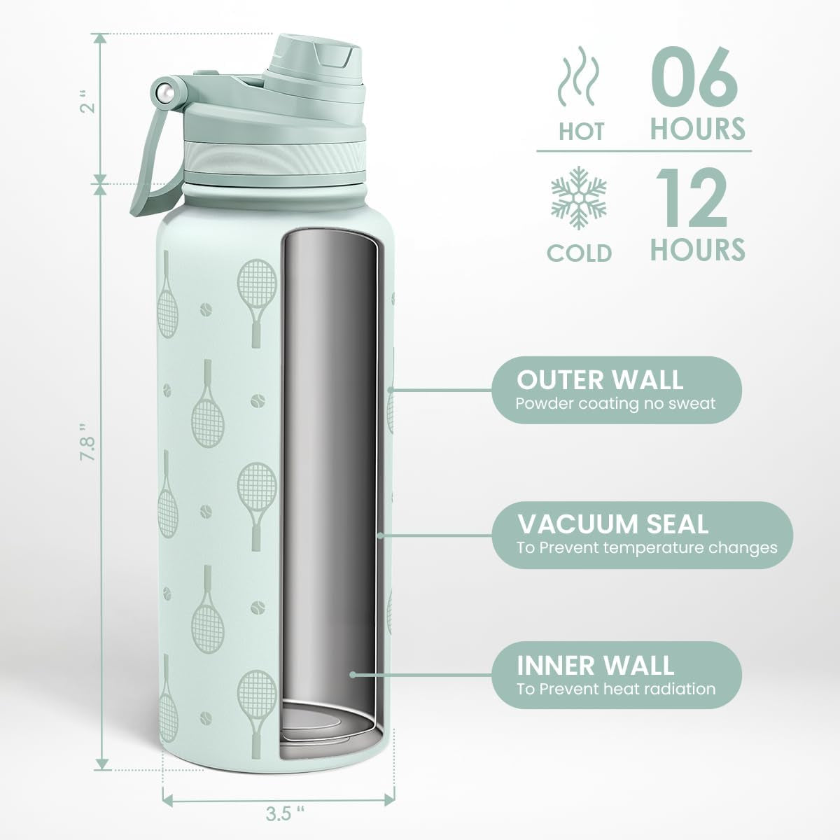 Tennis Stainless Steel Water Bottle with Strap 32Oz, Insulated Bottles with Straw and Spout Lid for Gym Sports Travel Outdoor, Gifts for Women Girls Birthday Christmas