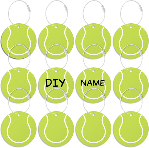 12Pcs Tennis Luggage Tags Fortravel Suitcases Labels with Metal Ring 2.75In Tennis Keychain PVC Name Id and DIY Pocket Hug Card,Backpack Charms for Men Women Travel Bag Suitcase