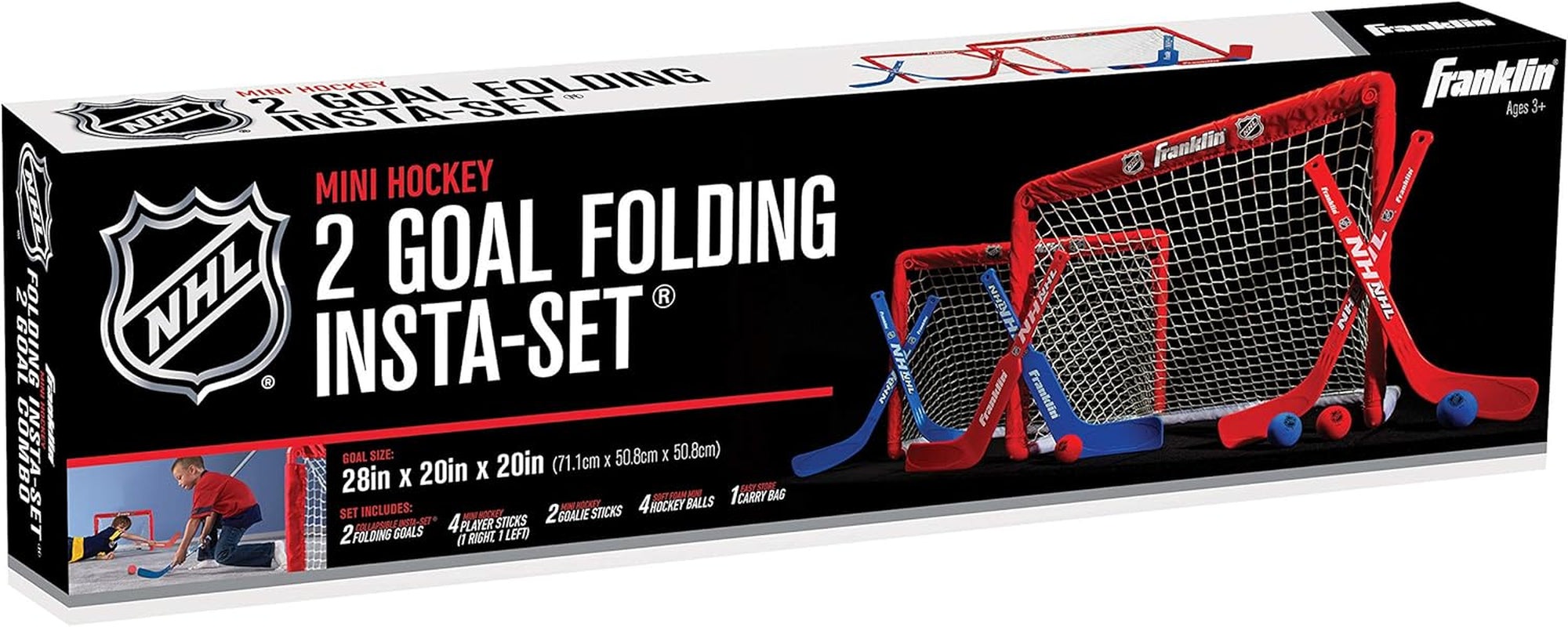 Franklin Sports NHL Kids Mini Hockey Goal Set - (2) Mini + Knee Hockey Goals, (4) Youth Sticks, (2) Goalie Sticks + (4) Foam Balls - Knee + Mini Hockey Set