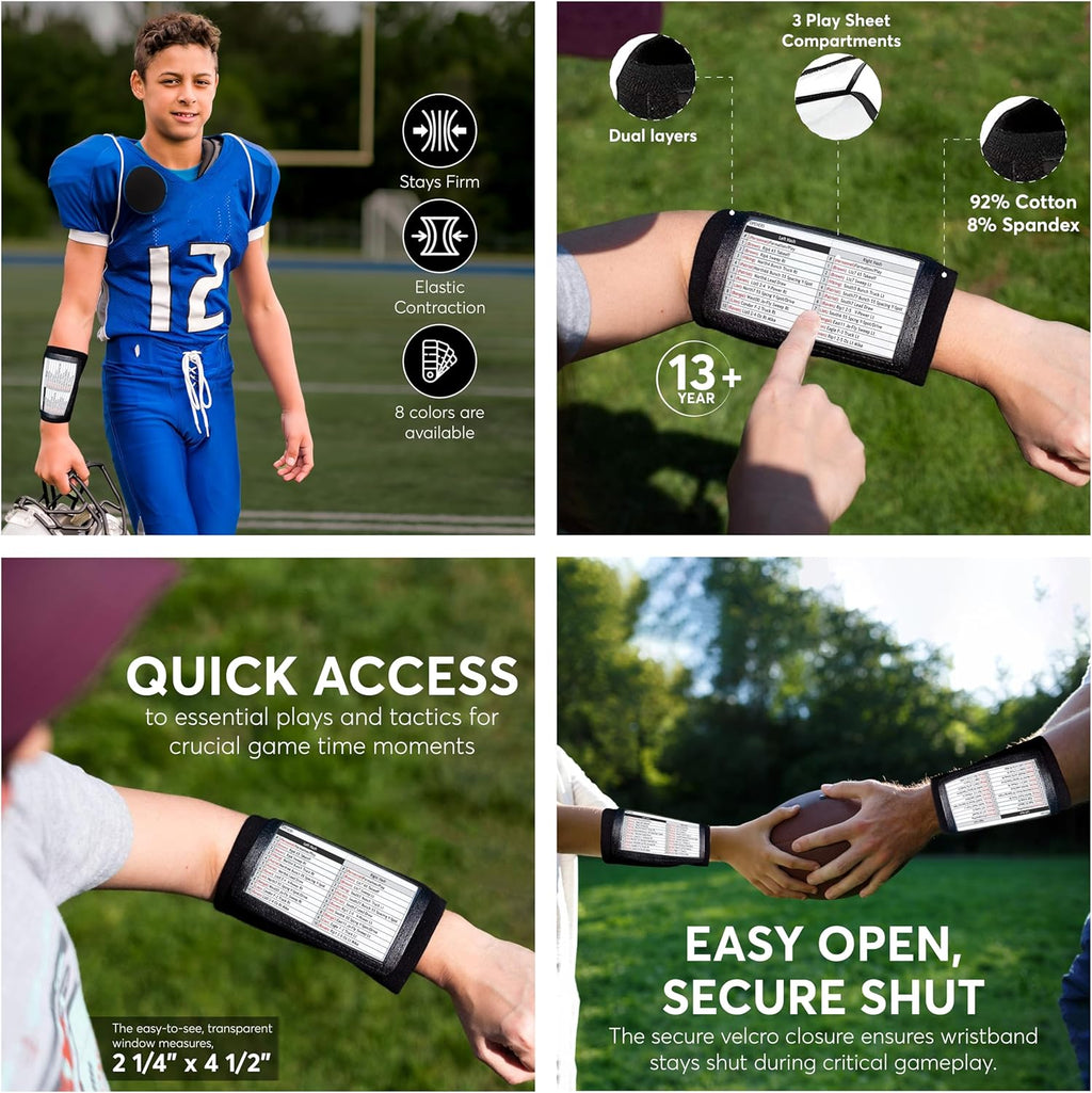 QB Playbook Wristband - Football Quarterback Play Wristbands for Adult and Youth - Wrist Coach for All Sports with 3 Compartments