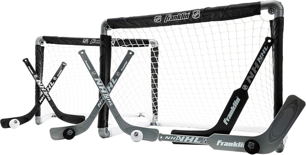 Franklin Sports NHL Kids Mini Hockey Goal Set - (2) Mini + Knee Hockey Goals, (4) Youth Sticks, (2) Goalie Sticks + (4) Foam Balls - Knee + Mini Hockey Set