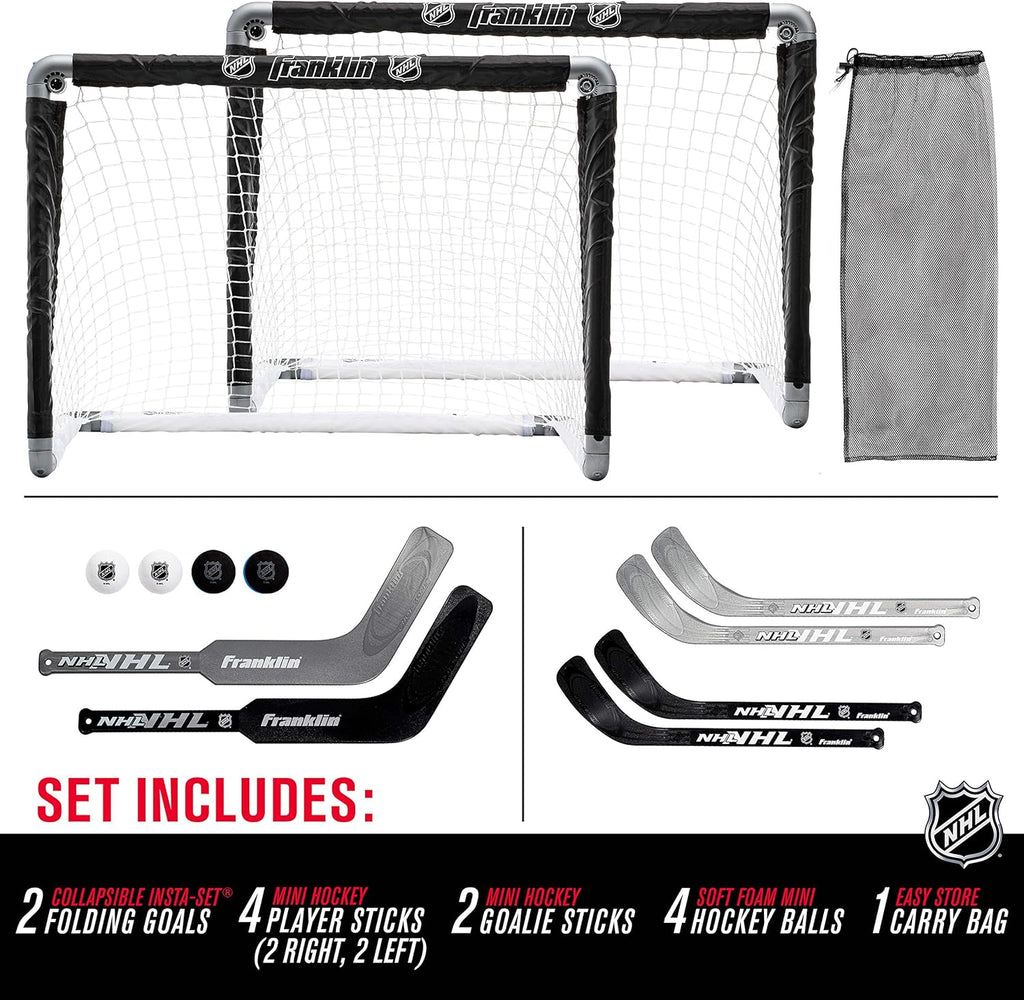 Franklin Sports NHL Kids Mini Hockey Goal Set - (2) Mini + Knee Hockey Goals, (4) Youth Sticks, (2) Goalie Sticks + (4) Foam Balls - Knee + Mini Hockey Set