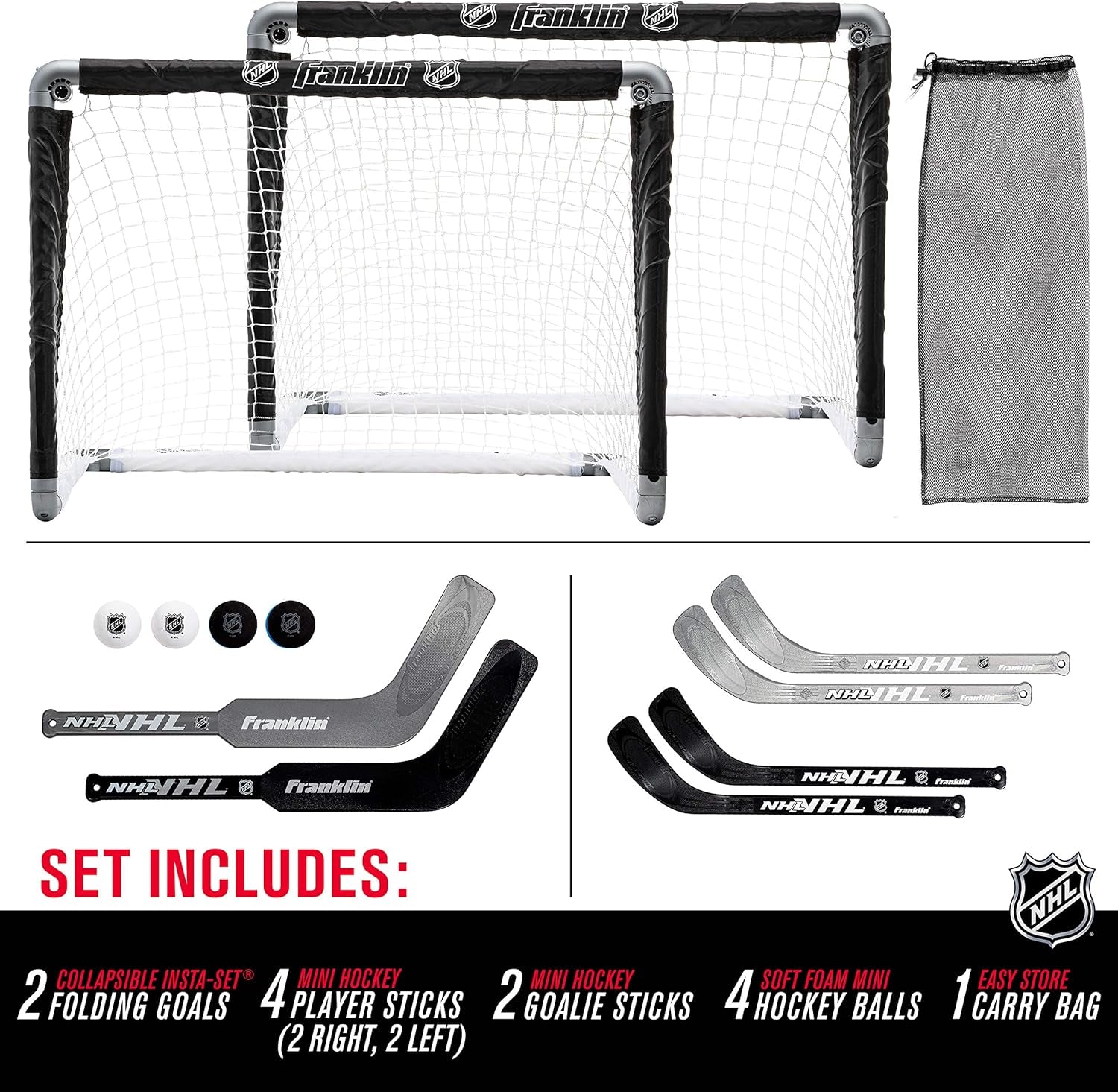 Franklin Sports NHL Kids Mini Hockey Goal Set - (2) Mini + Knee Hockey Goals, (4) Youth Sticks, (2) Goalie Sticks + (4) Foam Balls - Knee + Mini Hockey Set