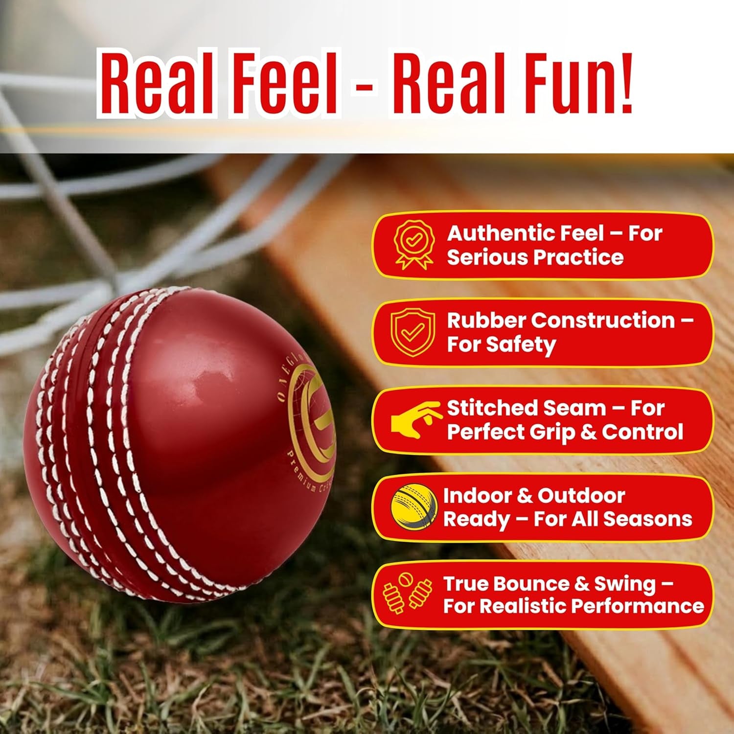 Soft Rubber Cricket Ball for Practice | Outdoor & Indoor Practice Cricket Ball with Core & Stitched Seam | Realistic Feel, True Bounce & Swing for Practice, Honing Skills & Family Fun