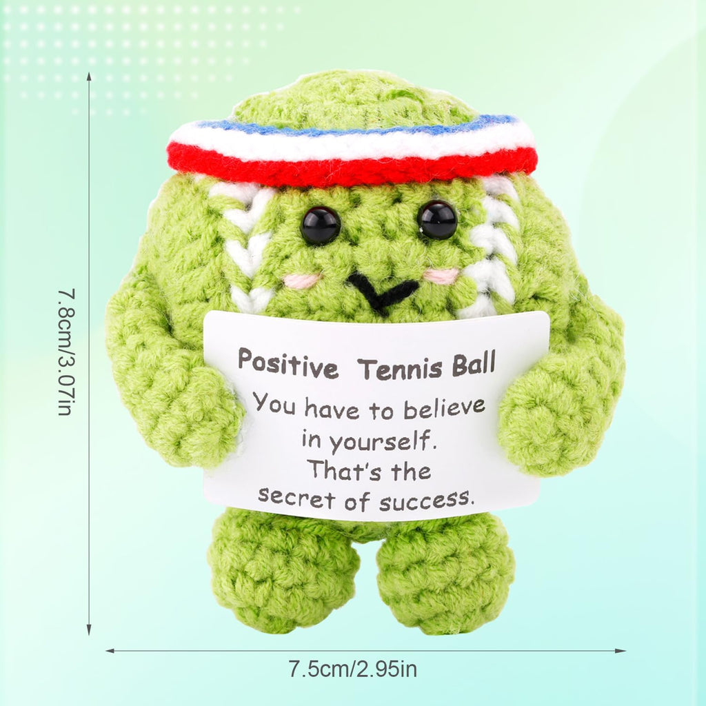 Positive Tennis Ball, Cute Funny Crochet Inspirational Tennis Ball Positive Knitted Animal Doll Crochet Toy with Positive Card for Sports Lover Friends Party Decorations