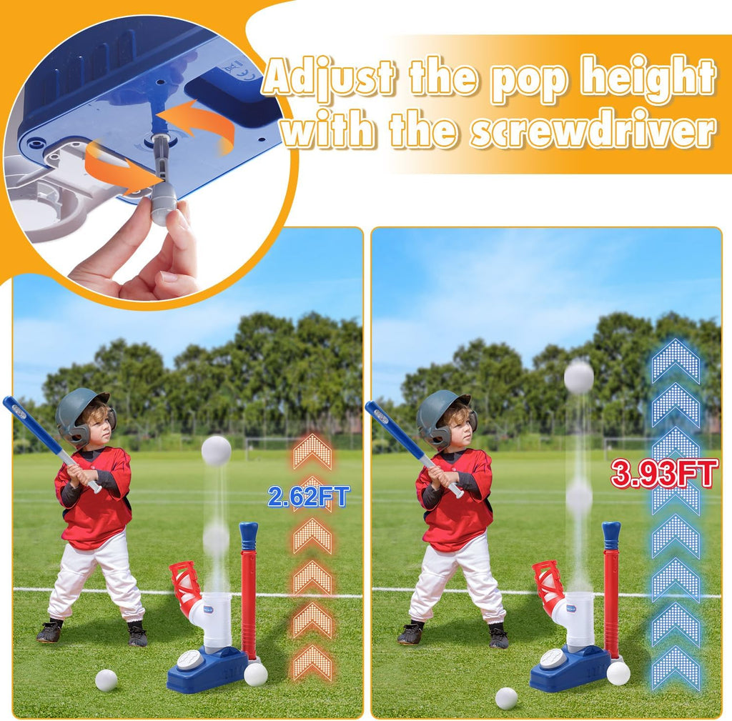 Baseball Tee，T-Ball Set for Kids Ages 3-5, Toddler Baseball Set with Step-On Pitching Machine, Adjustable Batting Tee, Bat and 6 Balls - Perfect Outdoor Christmas Toys Gift for Boys