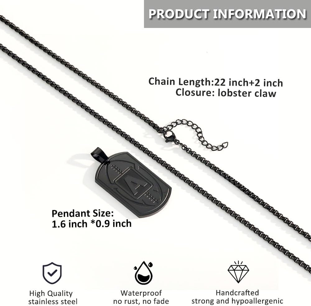 Initial A-Z Dog Tag Necklace for Men - Football Charm Pendant, Stainless Steel Chain 22+2 Inches, Personalized Sports Athletes Jewelry Gift