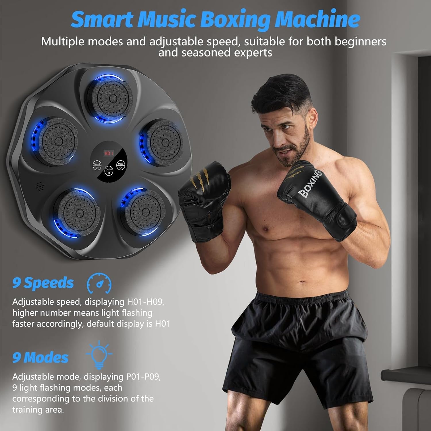 Music Boxing Machine, Interactive Punching Trainer with Boxing Gloves, Large Size Wall Mounted Electronic Boxing Target for Adult Kids, 9 Modes & 9 Speeds