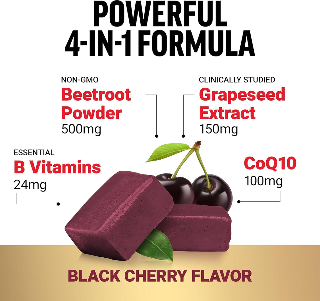 Total Beets Ultimate Heart Health Chews for Blood Pressure Support, with Beetroot Powder, Coq10, B Vitamins & Grapeseed Extract for Blood Flow & Energy, Black Cherry, 60 Soft Chews