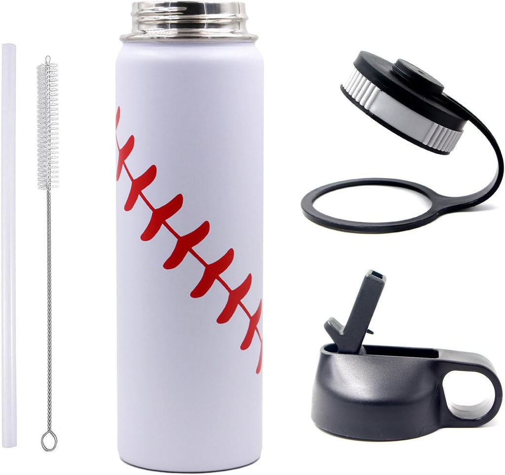 22 Oz Baseball Water Bottle, Sports Flask Metal Travel Tumbler with 2 Lids, Stainless Steel Double Wall Vacuum Insulated Leak Proof Thermo Water Bottles, Baseball Accessories Gifts for Mom Boys Girls