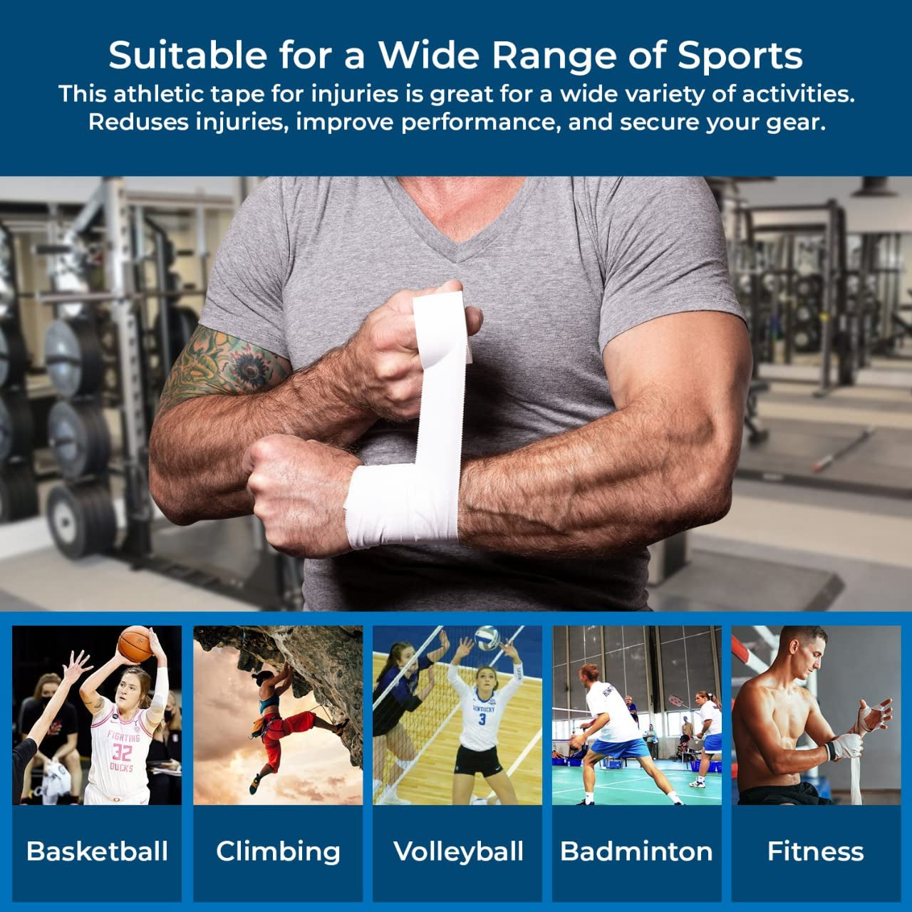 Athletic Sports Tape – 8 Adhesive Rolls -No-Sticky Residue – White Medical Tape - Sport Tape -Skin Friendly Athletic Tape 1.5" X 10 Yards for Athletes, Coaches, Amateurs (8, White)