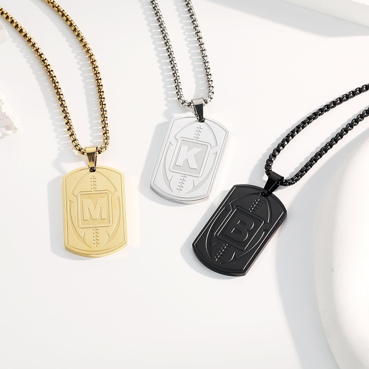 Initial A-Z Dog Tag Necklace for Men - Football Charm Pendant, Stainless Steel Chain 22+2 Inches, Personalized Sports Athletes Jewelry Gift