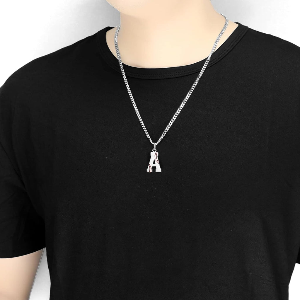 Baseball Initial A-Z Letter Necklace - Men'S Baseball Charm Pendant in Stainless Steel Silver Chain, 22Inch Personalized Gift