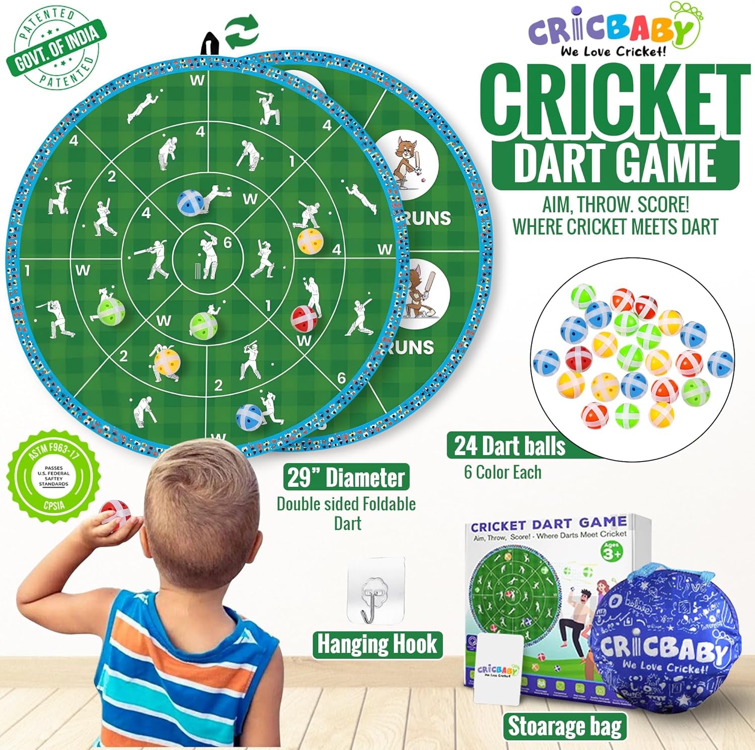 Cricket Dart Game, Double Sided, 29 Inches, 24 Sticky Balls, Birthday Gifts for Boys and Girls, Gift for Cricket Lover, Play Indoor/Outdoor, Fun Party Game, Portable Design, for Ages 3+