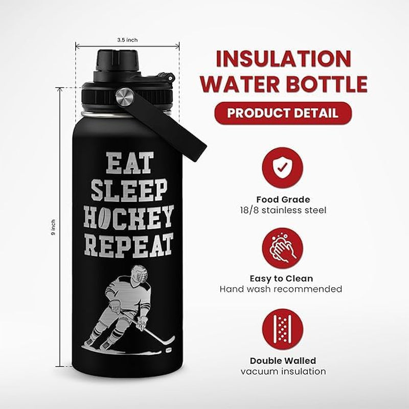 Ice Hockey Insulated Engraved Stainless Steel Water Bottle 32Oz, Vacuum Chug Lid Travel Tumbler for Men Friends Hockey Lovers Fans Coaches,Birthday Christmas